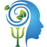 Blue psychology logo with green leaves inside head..